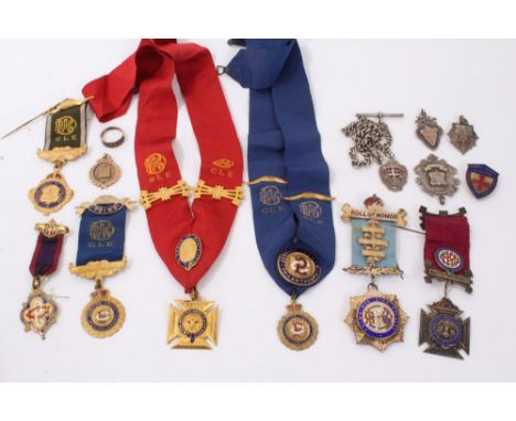 Gold (9ct) fob, other silver fobs, silver Albert chain, gold (9ct) morning ring and quantity of Buffalo medals