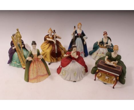 Collection of seven Royal Doulton figures to include - Virginals HN2427, Harp HN2482, Cello HN2331, Flute HN2483, Cymbals HN2