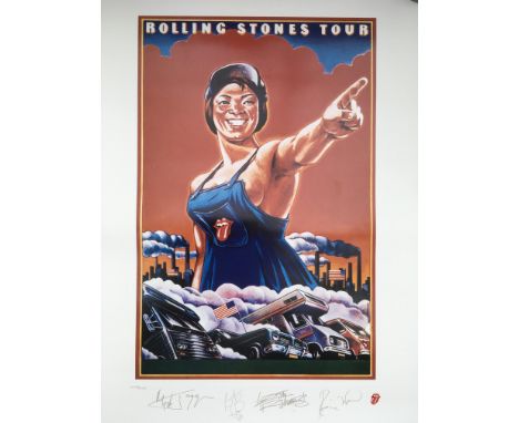 A limited edition Rolling Stones tour print from 1994 with printed signatures of the band below the main image, approx 45cm x