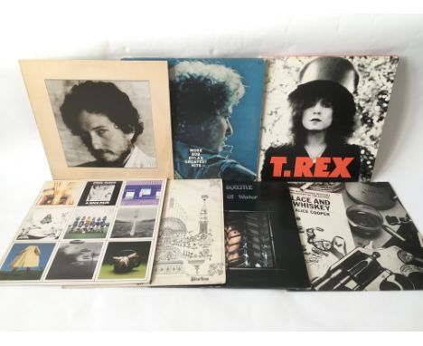 Seven LPs by various artists including Bob Dylan, Pink Floyd, T Rex, Alice Cooper and Chris Squire.