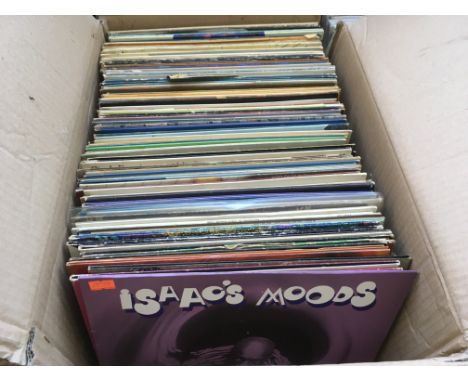 A box of LPs and 12 inch singles by various artists including The Rolling Stones, Isaac Hayes,