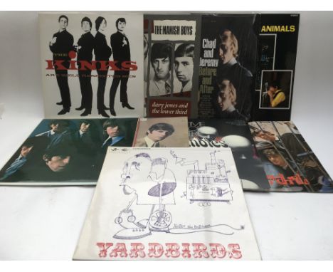 Nine reissue LPs by various artists from the 1960s comprising The Rolling Stones, The Yardbirds, The Kinks, Davy Jones &amp; 