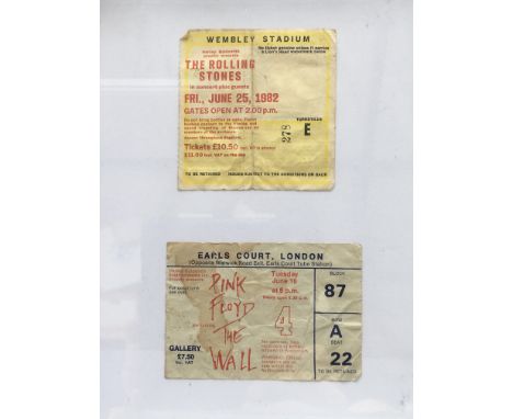 Two framed concert tickets, one for Pink Floyd performing The Wall at Earls Court plus one for The Rolling Stones at Wembley 