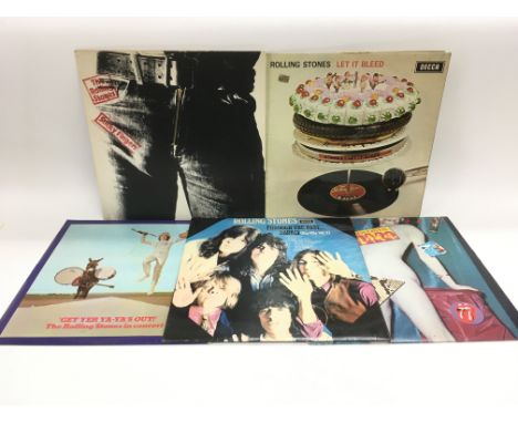 Five Rolling Stones LPs comprising 'Let It Bleed', 'Sticky Fingers', 'Through The Past, Darkly (Big Hits Vol.2) and two other