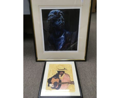 A framed and glazed limited edition print of Eric Clapton plus a painting of Bob Dylan (2).