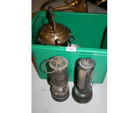 Prima miner's safety lamp together with another lamp ' The Nobby ', pair of cast iron balance scales, spirit kettle and other