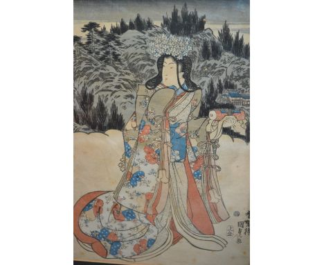 Antique Japanese woodblock print, figure in a landscape, 14ins x 10ins 