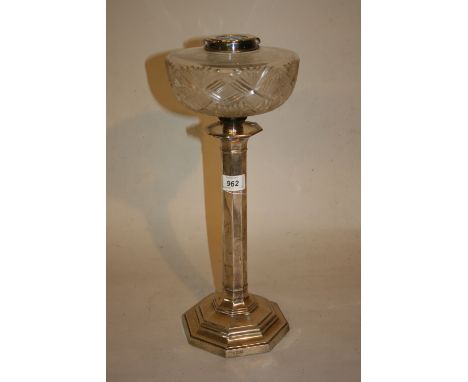 Sheffield silver octagonal oil lamp base with a cut glass well