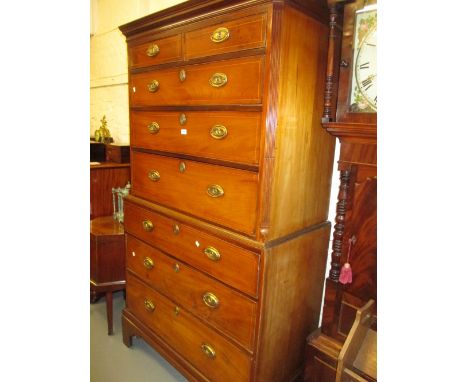 George III mahogany and line inlaid chest on chest, the moulded cornice above two short and five long graduated drawers with 