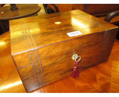 19th Century walnut mother of pearl inlaid work box with fitted interior