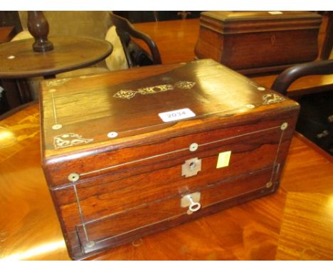19th Century rosewood mother of pearl inlaid writing box with a hinged cover, above a single drawer enclosing fold out writin