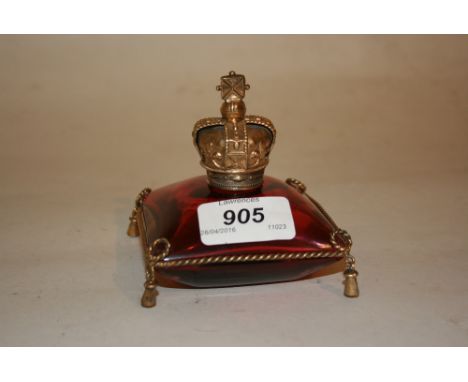 Birmingham silver and gilt mounted Coronation inkwell having coronet cover mounted to a cranberry glass well
