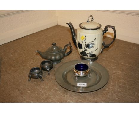 Antique pewter plate with touch marks, pewter teapot, two pewter salts and a silver plated salt together with a ceramic teapo