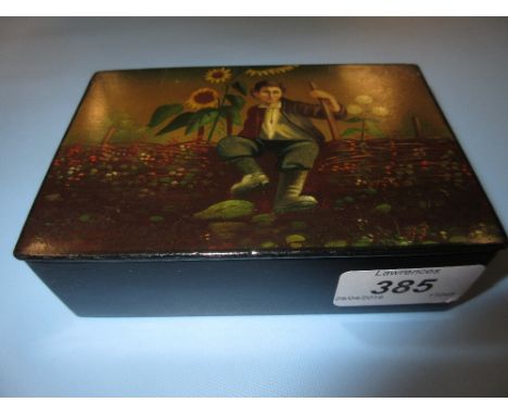 19th Century Russian papier mache rectangular box, the cover painted with a portrait of a young boy, with makers mark to the 
