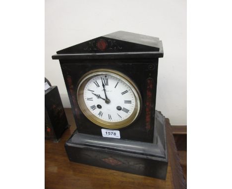 19th Century black slate rouge marble inlaid mantel clock, having circular enamel dial with Roman numerals, inscribed Maple a