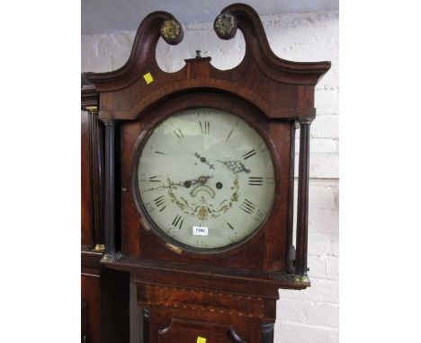 George III oak mahogany crossbanded and inlaid longcase clock, the hood with swan neck pediment above shaped panel door and a