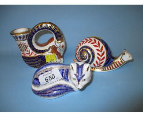 Royal Crown Derby animal candlestick paperweight (second) together with a fox paperweight and snail paperweight (both a/f)