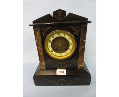 19th Century black slate and marble mounted mantel clock, the enamel dial with Arabic numerals and two train movement