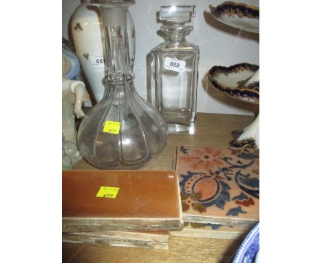 Early 20th Century heavy square glass decanter with stopper, a 19th Century hand blown glass decanter and a small group of Ed