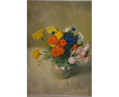 Oil on board, summer flowers in a pottery vase, together with a gilt framed overpainted print of a figure dressed in tartan