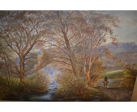 Two unframed watercolours, horsemen in a river landscape, signed J. Johnson, and landscape, signed R. Beavis