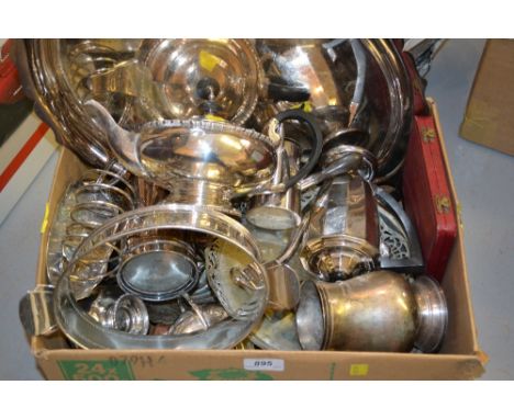 Oval plated tray, three piece plated tea service and a quantity of other plated items