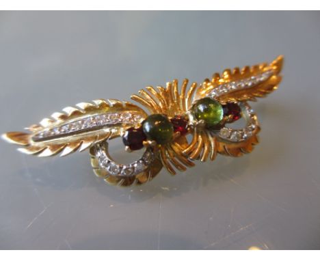 18ct Gold diamond, ruby and tourmaline set bar brooch