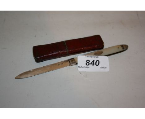 Georgian silver and mother of pearl fruit knife in a leather case