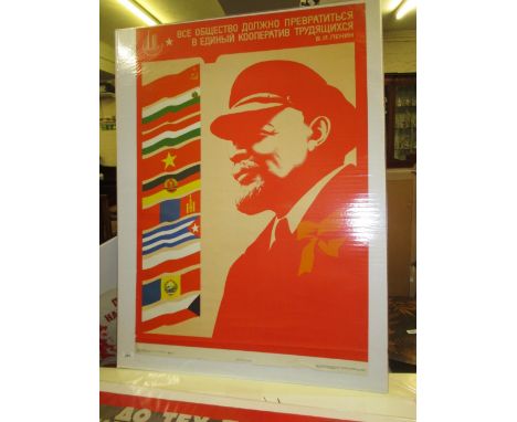 1980's Russian propaganda poster with a portrait of Lenin, a quote and various flags, 38ins x 26ins