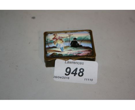 19th Century French brass snuff box, the double sided enamel cover, enamel decorated with a risque scene