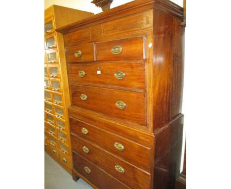 George III mahogany and line inlaid chest on chest, the moulded cornice above two short and six long graduated drawers with o