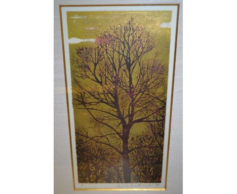 Joichi Hoshi (1911 - 1979), a signed woodblock print with gilt finish, tree study, 9.5ins x 4.75ins, signed and dated 1974, g