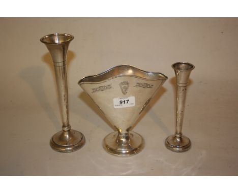 Sterling silver fan shaped specimen vase together with two modern Birmingham silver trumpet form specimen vases