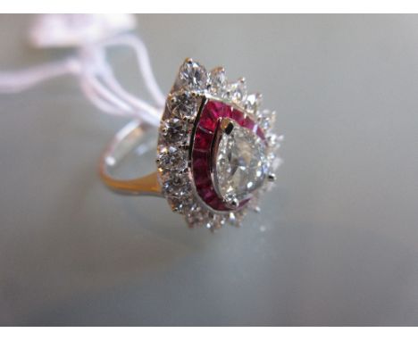 18ct White gold pear shaped rose cut diamond and ruby cluster ring