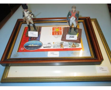 Two hand painted lead figures of 19th Century soldiers, two framed First Day covers and a framed print of Polesden Lacey