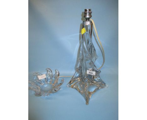 French Lorraine Art glass heavy lamp base together with a small shaped circular sunburst style glass dish