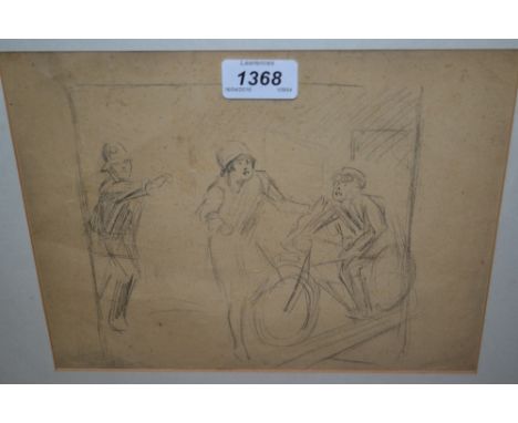 1940's Pencil sketch of a man on a motorbike with policeman and lady in attendance, unsigned, 9ins x 10ins, framed
