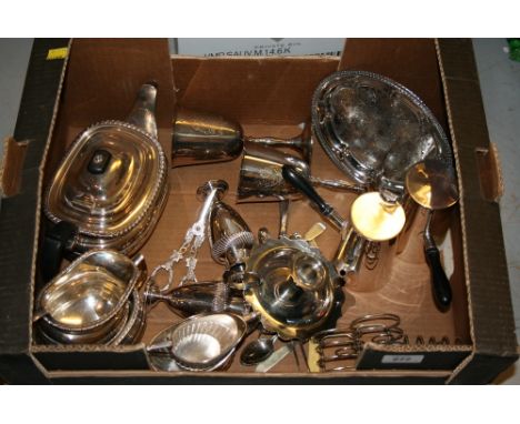 Silver plated three piece tea service, two plated chocolate pots, three toast racks and other miscellaneous items of silver p