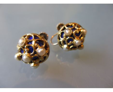 Pair of Victorian seed pearl and enamel decorated earrings