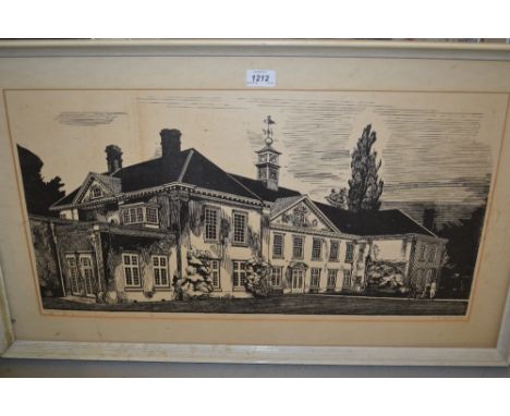 Jeff Mills, woodcut print of The Priory, Reigate, signed and dated 1976, 14ins x 28ins