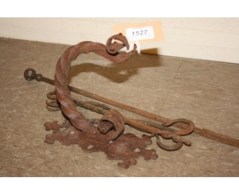 Scroll work iron wall bracket and various fireside tools etc