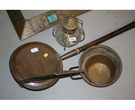19th Century warming pan, copper saucepan, a brass saucepan and a hanging oil lamp