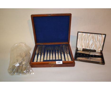 Set of six silver plated mother of pearl handled knives and forks, mahogany canteen box, a quantity of various silver plated 