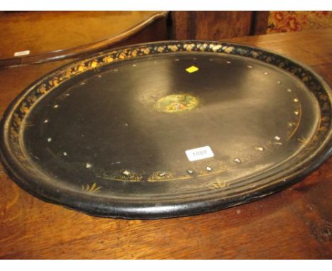19th Century papier mache, mother of pearl and gilt decorated oval tray (a/f)