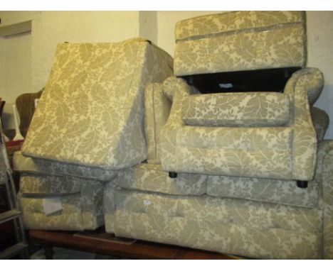 Modern figured damask upholstered two seat sofa and three matching armchairs