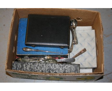 Two silver handled button hooks and a quantity of various loose plated flatware and boxed flatware