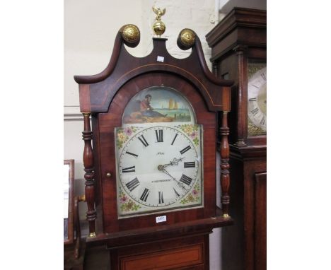 19th Century oak, mahogany and satin birch longcase clock, the broken arch hood above a rectangular panelled door and conform