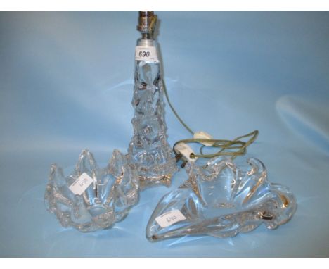 Similar smaller Lorraine Art glass lamp base and two unmarked clear glass dishes, one in the form of a leaf
