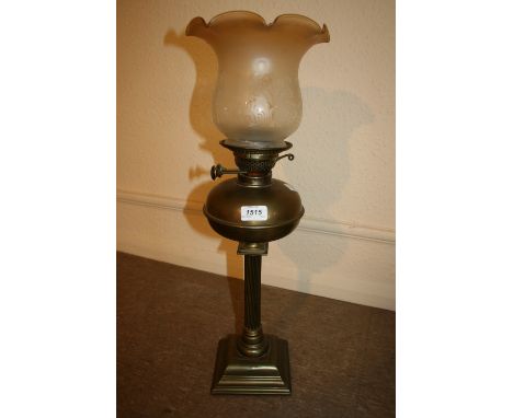 Brass column oil lamp with frosted glass shade