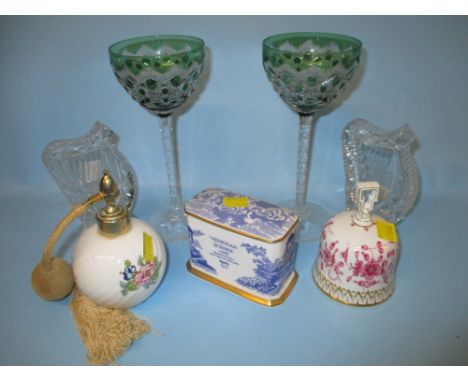 Late 20th Century Meissen floral decorated bell, pair of green and cut glass hock glasses, Aynsley atomiser, Spode blue and w